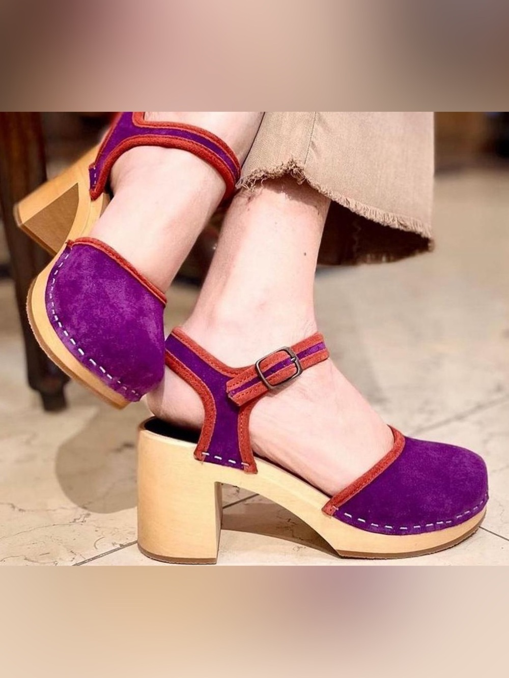 Swedish Hasbeens Vintage Purple & Red Suede Piping Clog High Sandals 39/8 NIB